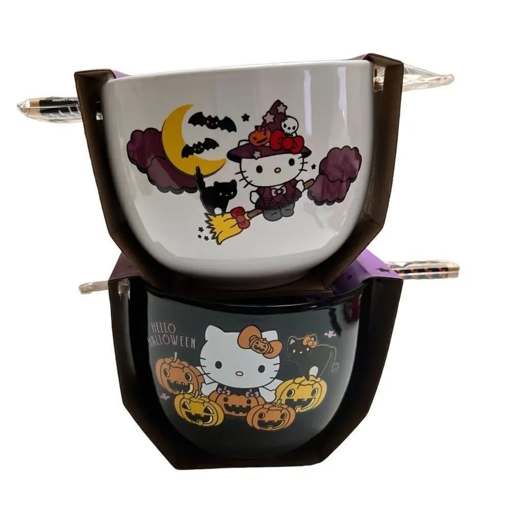 Sanrio Hello Kitty 20oz Halloween Ceramic Bowls with Chopsticks (set of 2) NEW